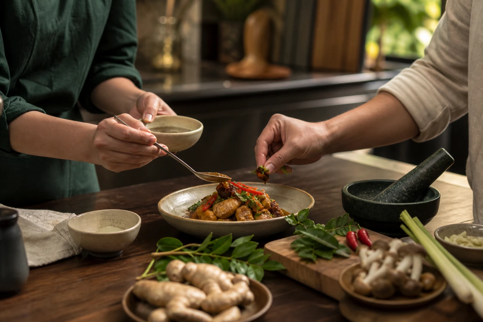A culinary team refining a plant-based dish with Malaysian ingredients