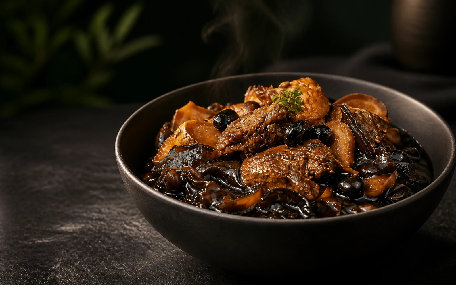 Vegan Black Vinegar Mushrooms styled serving suggestion